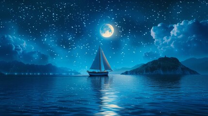 Tranquil seascape with lone sailboat under moonlit sky background