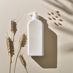 Canvas Print - Blank Empty Shampoo bottle Mock Up With  Wheat Surrounding The Bottle Creating Natural And Organic Aesthetic On Beige Background, Generative AI