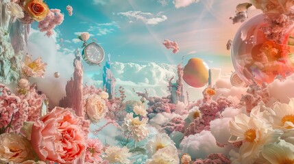 Canvas Print - Surreal dreamscape with oversized fruits and flowers background