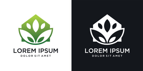 Green house nature logo design, leaf concept at home. inspirationAbstract leaf house logo