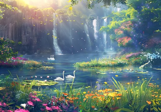3D wallpaper, fantasy landscape with beautiful flowers and waterfalls background;