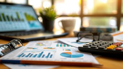 Fototapete - Business report with a graph showing financial growth, accompanied by a calculator and notes on a desk.