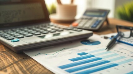 Fototapete - Business report with a graph showing financial growth, accompanied by a calculator and notes on a desk.