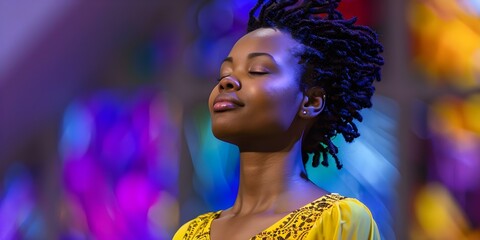 Sticker - Young woman in yellow dress singing gospel songs in church service. Concept Church Performance, Gospel Singing, Young Woman in Yellow Dress, Music Ministry, Spiritual Expression