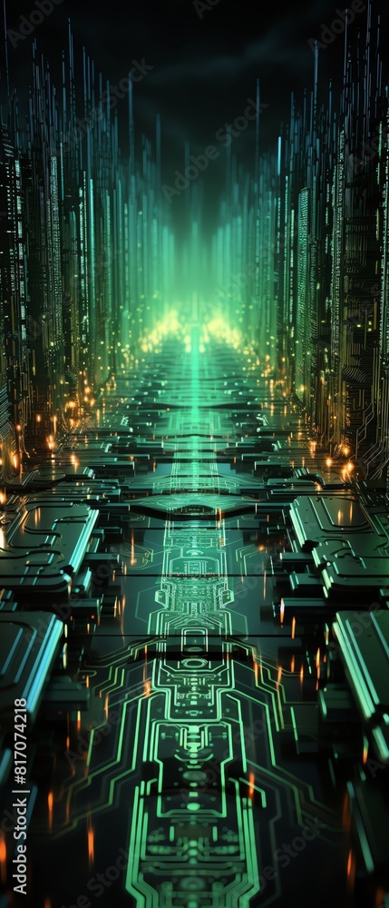 Matrix code visualization on Labeled AI screen, top view, code ...