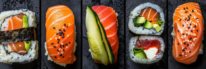 Poster - A variety of sushi rolls are arranged on black plates, showcasing fresh ingredients like salmon, cucumber, and avocado