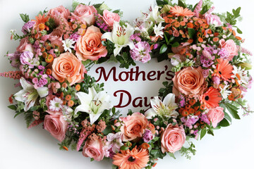 Canvas Print - A heart-shaped arrangement of colorful flowers with the words Mothers Day woven into the design, celebrating the special occasion