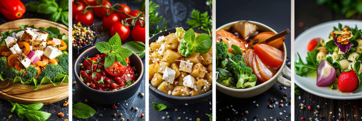 Wall Mural - A close-up of five different salad dishes served on a black tabletop, each containing a variety of fresh ingredients like tomatoes, greens, and feta cheese