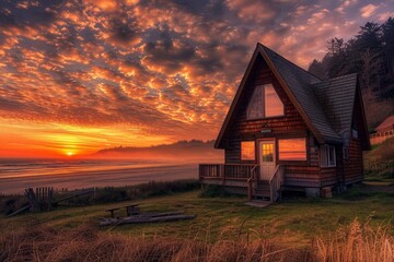 Wall Mural - Cozy wooden cabin by the beach with a stunning sunset sky