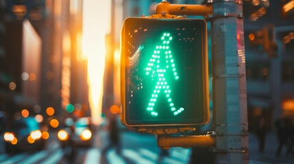Poster - Close-up of a pedestrian crossing signal showing a green walking figure, with an urban background.