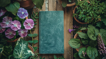 Aufkleber - A teal book with an embossed floral pattern lays on a weathered wooden surface surrounded by potted plants and purple flowers