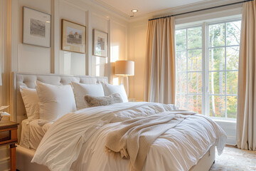 Canvas Print - A bedroom with white walls and a white bed, creating a bright and airy atmosphere