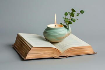 Sticker - Open book with a lit candle in a ceramic holder adorned with a fresh eucalyptus twig, symbolizing tranquility