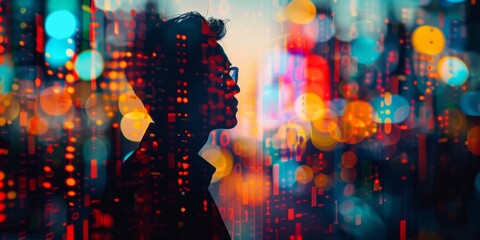 Wall Mural - Silhouette of a businessman overlaid with vibrant stock market trends and data points in a double exposure style