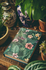 Poster - A notebook sits on a wooden table surrounded by vibrant tropical plants in pots