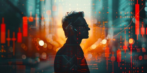 Wall Mural - Silhouette of a businessman merged with intricate stock market lines and data points in a double exposure style