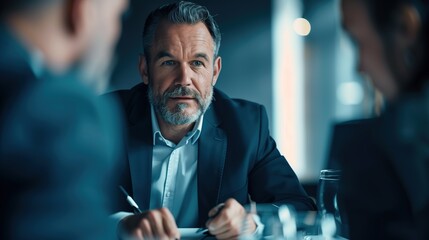 Wall Mural - A middle-aged businessman discussing strategy with his team in a sleek conference room, his demeanor exuding confidence and leadership