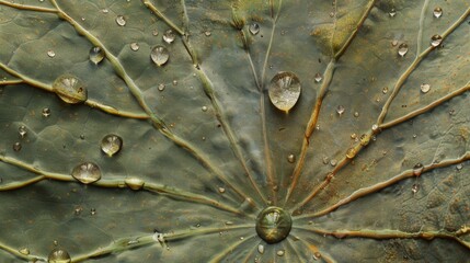 Poster - Close-up of dewdrops forming a pattern on the surface of a lotus leaf, symbolizing purity and tranquility.