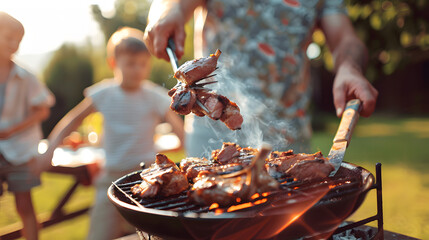 Family grilling meat on a barbecue