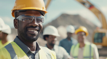 Confident construction engineer in safety gear oversees a vibrant worksite.