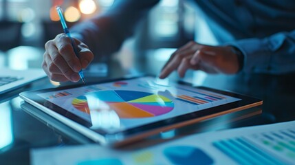Poster - Digital pie chart displayed on a tablet, with a businessperson making notes in a bright office setting.