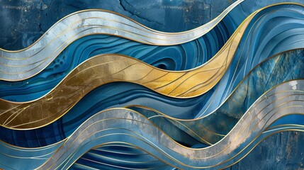 Aufkleber - Abstract marble marbled stone ink liquid fluid oil acrylic painted painting texture luxury background banner illustration - Dark blue swirls waves curves gold painted splashes