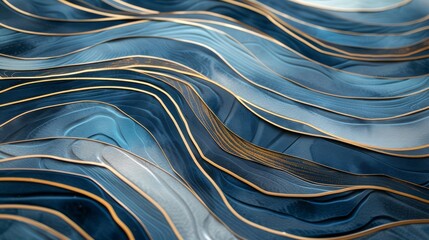 Aufkleber - Abstract marble marbled stone ink liquid fluid oil acrylic painted painting texture luxury background banner illustration - Dark blue swirls waves curves gold painted splashes