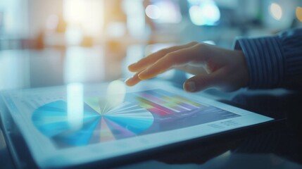 Poster - Digital pie chart displayed on a tablet, with a person analyzing the data in a bright office environment