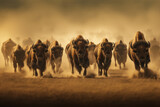Fototapeta Desenie - Front view of a big herd of wild American buffalos (bisons) stampede running in a dusty plain, America Far West symbol, US national mammal