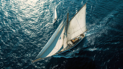 Regatta sailing ship yachts with white sails at opened sea, Aerial view of sailboat 