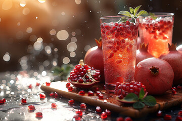 Poster - Pomegranate juice being poured into a glass, creating a splash effect