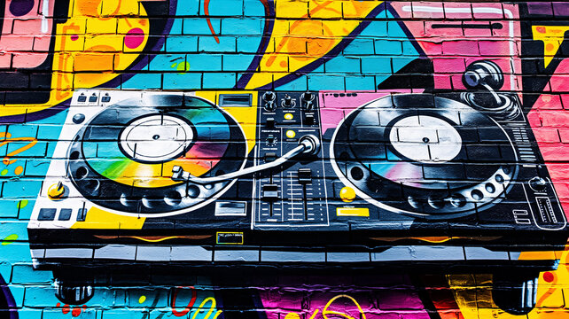 Pop art comic street graffiti with a dj set on a brick wall. Creative poster. Music party background. 