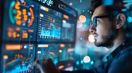 Aufkleber - Financial analyst studying a complex graph on a computer monitor, with financial data in the background