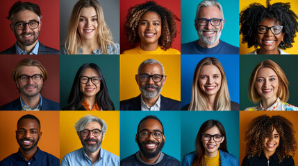 Wall Mural - A varied group of individuals wearing glasses are depicted against a vibrant and colorful background. Each persons distinct features and eyewear are highlighted in this dynamic and engaging scene