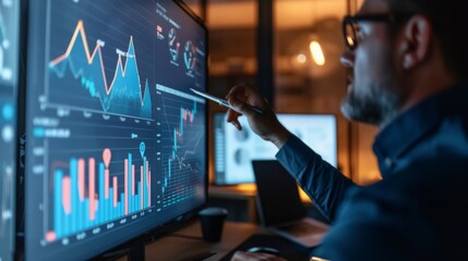 Poster - Financial planner explaining a growth graph to clients during a meeting, using a large screen.