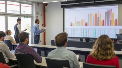 Fototapete - Graph illustrating demographic data on a large screen, being presented in a seminar room.