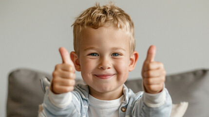 Wall Mural - A young boy is smiling and giving thumbs up