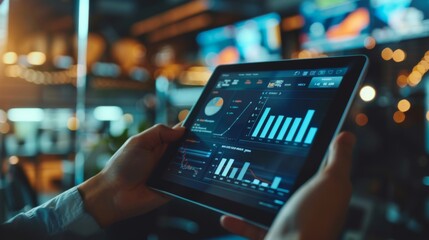 Poster - Hands holding a tablet displaying a real-time sales graph, with a busy office in the background.