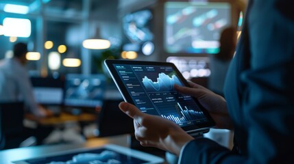 Leinwandbilder - Hands holding a tablet displaying a real-time sales graph, with a busy office in the background.