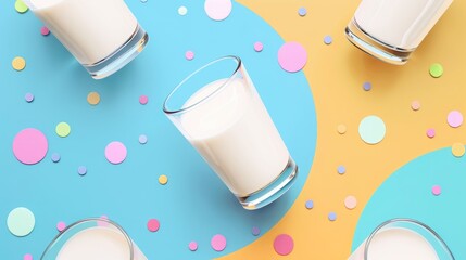 Wall Mural - Celebrate World Milk Day on June 1st with a refreshing glass of milk in hand featuring a sleek flat design top down perspective and a delightful pattern Happy Milk Day