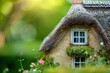 © JK_kyoto - Close up of a cottage replica, its thatched roof and tiny windows set against a blurred, lush countryside, sparking rural dreams, sharpen with copy space