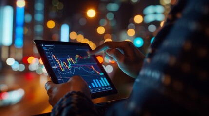 Poster - Investor examining a stock market graph on a tablet, with a city skyline visible through the window.