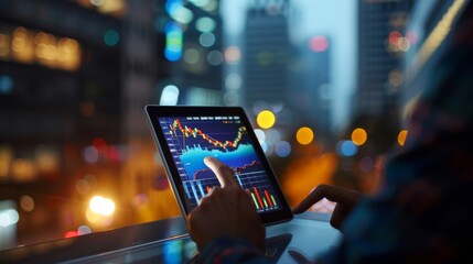 Poster - Investor examining a stock market graph on a tablet, with a city skyline visible through the window.