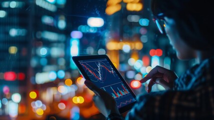 Leinwandbilder - Investor examining a stock performance graph on a tablet, with a city skyline visible through the window