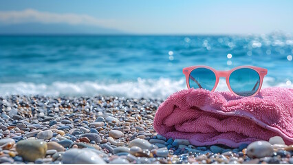 Wall Mural - Towels and glasses on the beach. summer vacation concept.
