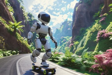 Wall Mural - Artificial Adventure: Robotic Skater in Vibrant Wilderness