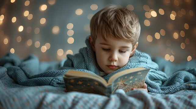 A young boy is engrossed in a book while sitting on a bed