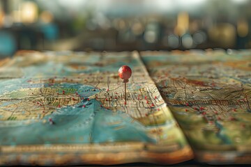 Wall Mural - A detailed map with a marker placed on it on a desk