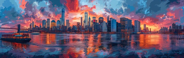 Wall Mural - A city skyline with a boat in the water