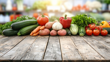 Wall Mural - An assortment of fresh vegetables including tomatoes, cucumbers, and bell peppers laid out on a wooden table. The vibrant colors and textures of the produce create a visually appealing display